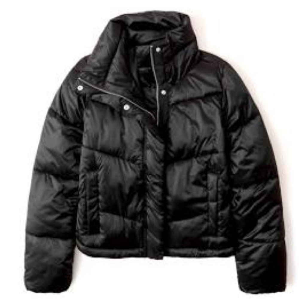 Abercrombie & Fitch Mini Puffer Black Satin Jacket Coat  Pockets Large